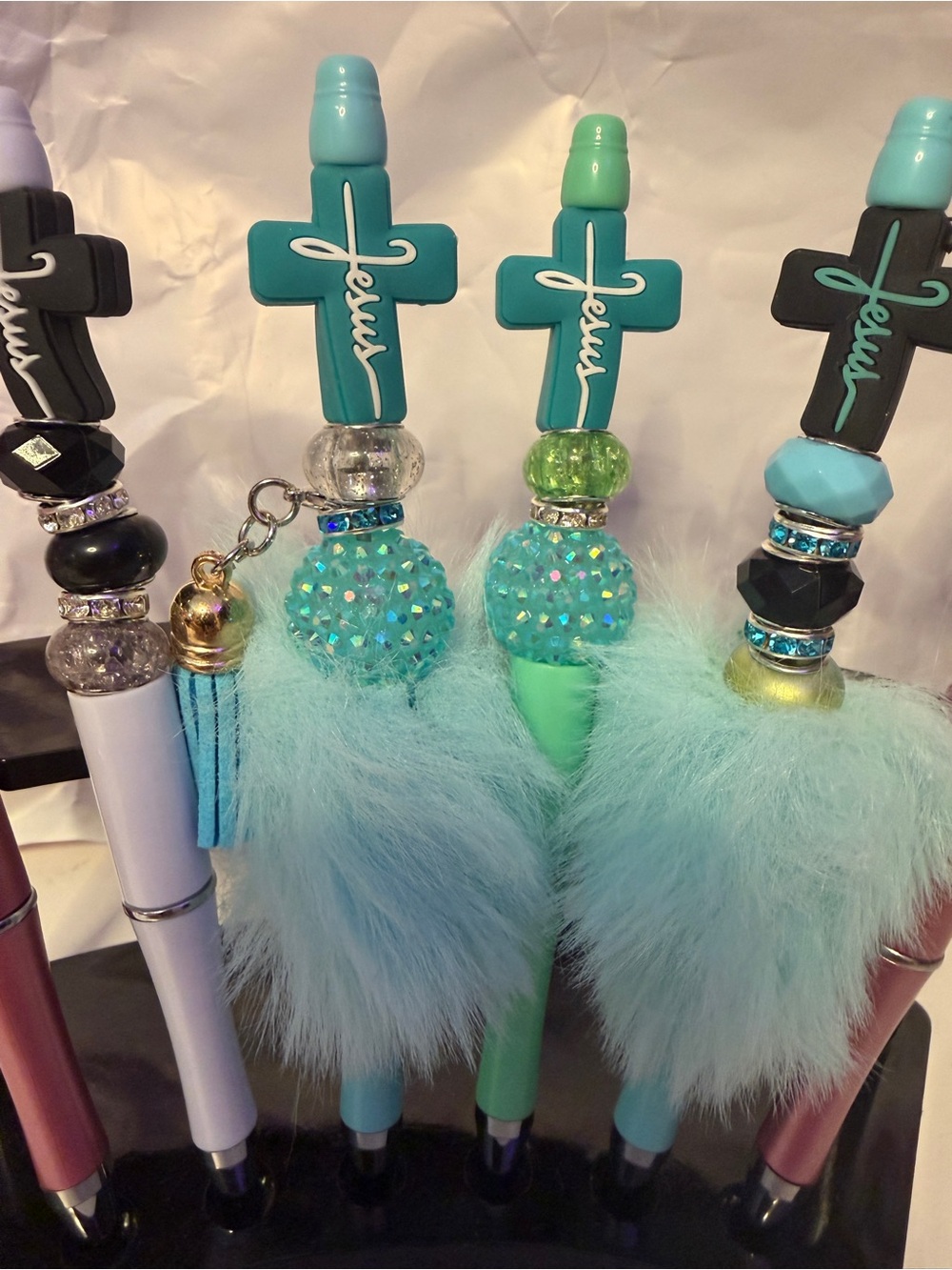 CHRISTIAN Custom Cross Charm Pens with Tassels & Fur - Teal, Pink, Black, White - Picture 4 of 5